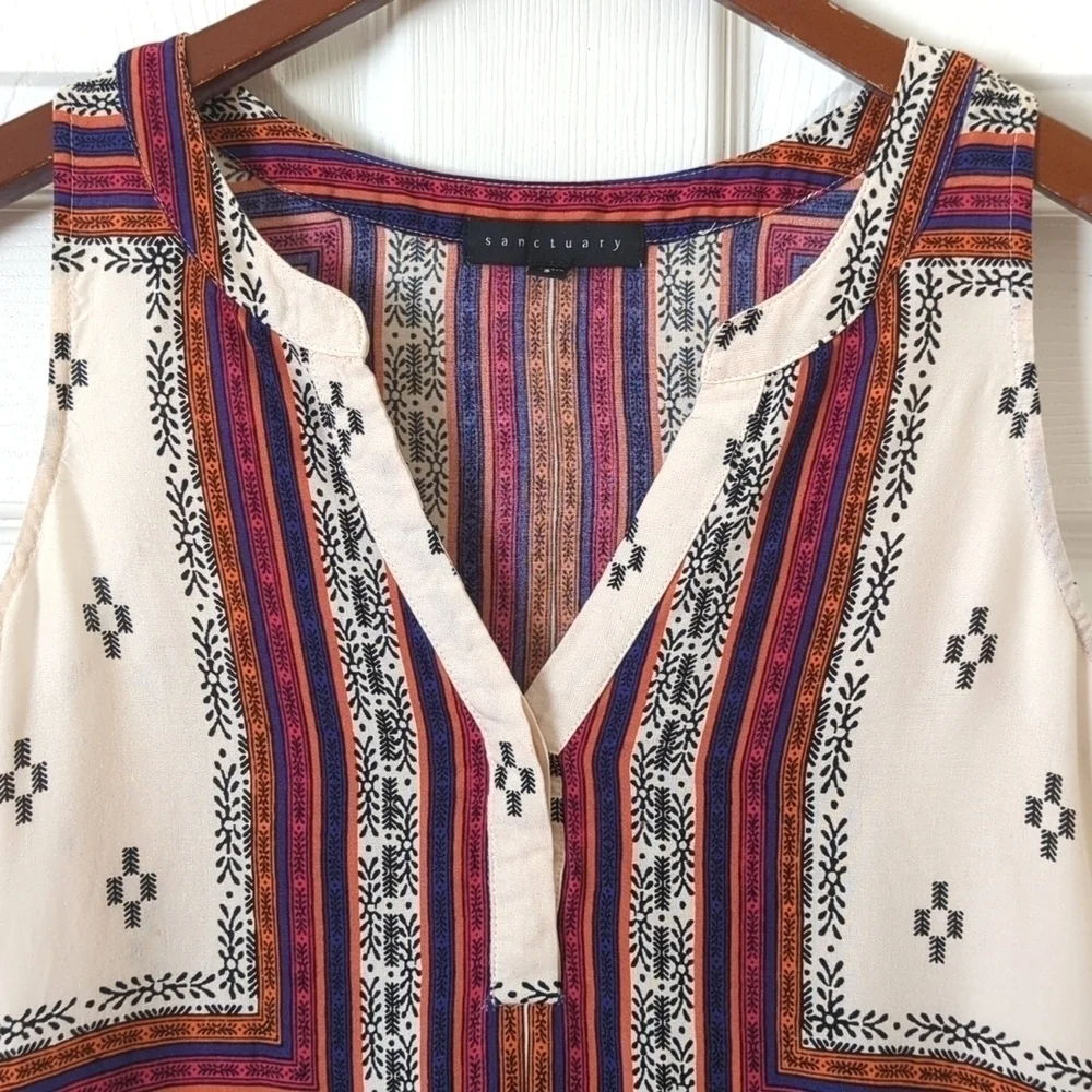 Sanctuary Bohemian Printed Sleeveless V-neck Mini Shift Dress Beige Small - Picture 3 of 10